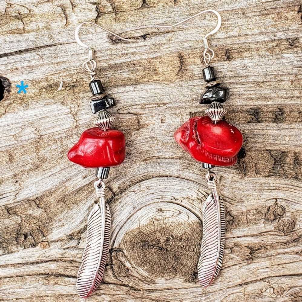 Red Coral & Hematite Handcrafted Southwest Feather Design Dangle Earrings  4" L